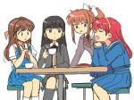  4girls amagami ayatsuji_tsukasa black_eyes black_hair black_jacket black_legwear black_ribbon black_skirt blazer blue_dress blue_jacket blue_skirt brown_eyes brown_hair brown_jacket closed_eyes closed_mouth crossover cup doki_doki_literature_club dress elbow_rest elbows_on_table erica_fontaine fujisaki_shiori green_eyes hand_on_table holding holding_cup jacket long_hair looking_at_another monika_(doki_doki_literature_club) multiple_girls open_mouth own_hands_together ponytail red_hair ribbon sakura_taisen sakura_taisen_iii school_uniform sitting sketch skirt socks standing table teacup tokimeki_memorial tokimeki_memorial_1 tsubobot white_legwear white_ribbon 