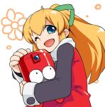  1girl blonde_hair blue_eyes dress eddie_(mega_man) green_ribbon hair_ribbon long_hair looking_at_viewer mega_man_(classic) mega_man_(series) one_eye_closed open_mouth phenne ponytail red_dress ribbon roll_(mega_man) smile white_background 