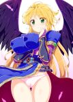  1girl blonde_hair breasts breath_of_fire breath_of_fire_ii closed_mouth dress feathered_wings green_eyes highres long_hair looking_at_viewer nina_(breath_of_fire_ii) panties purple_wings simple_background smile solo underwear white_background wings yakisoba_(kaz2113) 