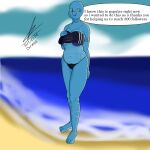  1:1 anthro arm_tattoo beach blue_body blue_esperanza blue_nipples clothing cosmosarts english_text female gravelin hi_res neck_tattoo nipples sand scar seaside slightly_chubby solo speech_bubble swimwear tattoo text water yellow_eyes 