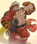  abs anthro armor biceps body_hair bulge chest_hair clawed_fingers claws clothed clothing countershade_torso countershading digital_media_(artwork) erection felid feline firefighter flexing fur garter_straps genital_outline hard_hat headgear helmet hi_res imato looking_at_viewer male mammal muscular muscular_male nipples pantherine pawpads penis_outline pose simple_background smile solo stripes teeth tiger uniform veiny_muscles 