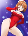  1girl ;d bangs breasts brown_eyes brown_hair christmas commentary covered_navel elbow_gloves eyebrows_visible_through_hair fur_collar girls_und_panzer gloves hand_on_hip hat highleg highres leotard looking_at_viewer medium_breasts neucia nishizumi_miho one_eye_closed open_mouth red_gloves red_headwear red_leotard santa_costume santa_hat short_hair smile snowing solo standing strapless strapless_leotard 