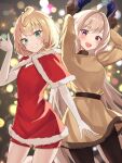  2girls absurdres ahoge bangs bike_shorts blonde_hair blurry blurry_background blush bob_cut breasts brown_dress brown_gloves brown_legwear capelet christmas commentary dress elbow_gloves english_commentary enna_alouette flat_chest fur_trim gloves green_eyes grin hair_ornament hairclip head_wings highres horns_pose lens_flare long_hair long_sleeves looking_at_viewer millie_parfait multiple_girls nijisanji nijisanji_en open_mouth pantyhose purple_eyes purple_wings red_capelet red_dress santa_costume santa_dress short_hair small_breasts smile takechi49 virtual_youtuber white_gloves wings 