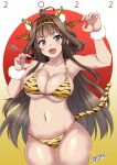  1girl 2022 alternate_costume animal_ears animal_print aoi_manabu bangs bikini blush breasts brown_hair chinese_zodiac claw_pose commentary_request dated double_bun eyebrows_visible_through_hair fang fur_trim headgear kantai_collection kongou_(kancolle) large_breasts long_hair purple_eyes signature simple_background solo sweat swimsuit tail tiger_ears tiger_print tiger_tail upper_body very_long_hair year_of_the_tiger 