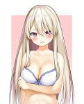  1girl bangs bare_arms bare_shoulders blonde_hair blush bra breast_hold breasts cleavage collarbone dairininn flying_sweatdrops highres holding_own_arm large_breasts long_hair looking_at_viewer navel open_mouth original raised_eyebrows red_eyes shiny shiny_hair solo underwear upper_body white_bra 