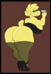  alcohol anthro beverage big_breasts big_butt blue_eyes breasts butt camelid clothing cocktail_glass container cup delfucko drinking_glass female glass glass_container glass_cup goatonomous hi_res high_heels legwear mammal rear_view simple_background solo stockings wide_hips 