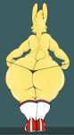  anthro big_butt butt camelid clothing delfucko female footwear fur goatonomous hi_res huge_butt mammal muscular pear-shaped_figure rear_view shoes simple_background socks solo thong underwear wide_hips yellow_body yellow_fur 