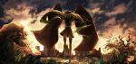  1girl artist_request back cloud cloudy_sky commentary_request cumulonimbus_cloud dark_clouds giant giantess hatsune_miku long_hair monster_girl outdoors size_difference skirt sky solo twintails vocaloid walking 