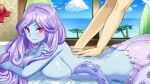  1girl artist_request blue_skin blush breasts cloud colored_skin eyebrows_visible_through_hair game_cg indoors kyure_(monster_musume) large_breasts long_hair looking_at_viewer lotion lying massage mole mole_under_eye monster_girl monster_musume_no_iru_nichijou monster_musume_no_iru_nichijou_online nude official_art on_stomach palm_tree purple_hair red_eyes scylla sideboob smile tentacles tree window 