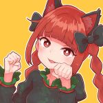  1girl :3 animal_ear_fluff animal_ears bangs black_bow black_dress blunt_bangs bow braid bright_pupils cat_ears dress eyebrows_visible_through_hair face fang hair_bow head_tilt highres juliet_sleeves kaenbyou_rin kneeling light_blush long_hair long_sleeves looking_at_viewer multiple_tails orange_background outline parted_lips paw_pose puffy_sleeves red_eyes red_hair sidelocks signature simple_background solo tail touhou twin_braids twintails two_tails upper_body white_outline white_pupils zanasta0810 