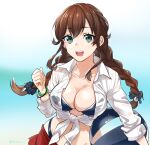  1girl ball bangs beachball bikini black_bikini braid breasts brown_hair commentary_request furufuru_fugu green_eyes kantai_collection large_breasts navel noshiro_(kancolle) official_alternate_costume open_mouth red_skirt round_teeth shirt skirt solo swept_bangs swimsuit swimsuit_under_clothes teeth tied_shirt twin_braids upper_body upper_teeth white_shirt 