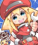  1girl belt blonde_hair cabbie_hat covered_navel cropped_jacket fingerless_gloves gloves green_eyes hat highres jacket kuroneko_(kuroneko_works) long_hair looking_at_viewer mega_man_(series) mega_man_legends open_mouth red_jacket roll_caskett_(mega_man) servbot_(mega_man) smile wrench 