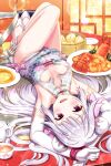  1girl absurdres alternative_girls armpits bare_legs blush breasts china_dress chinese_clothes cleavage dress elbow_gloves eyebrows_visible_through_hair food fork gloves highres indoors knife long_hair looking_at_viewer lying official_art on_back open_mouth red_eyes smile solo usui_miyuki white_dress white_footwear white_gloves white_hair 