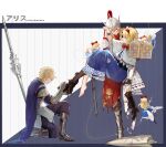  1girl 2boys absurdres alice_margatroid armor armored_boots blackcloud07 blonde_hair blue_cape blue_dress boots bow cape capelet carrying chinese_commentary commentary_request doll dress foot_worship frilled_hairband frills hair_bow hairband highres holding holding_another&#039;s_foot holding_sword holding_weapon hourai_doll jewelry knee_boots kneeling knight lace-trimmed_capelet lace_trim lance lolita_hairband long_hair looking_at_another multiple_boys planted planted_sword polearm princess_carry puppet_rings puppet_strings red_bow red_hairband red_ribbon ribbon ring shanghai_doll shoes short_hair sidelocks single_shoe string sword touhou two-tone_background weapon white_capelet wrist_cuffs 