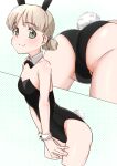  0:00 1girl aki_(girls_und_panzer) alternate_costume animal_ears ass bangs bare_legs black_bow black_bowtie black_leotard bow bowtie closed_mouth collar cropped_legs detached_collar eyebrows_visible_through_hair fake_animal_ears fake_tail girls_und_panzer green_background green_eyes hair_tie highres leaning_forward leotard light_brown_hair looking_at_viewer low_twintails multiple_views no_legwear playboy_bunny polka_dot polka_dot_background rabbit_ears rabbit_tail short_hair short_twintails smile solo standing strapless strapless_leotard symbol-only_commentary tail twintails white_collar wrist_cuffs 