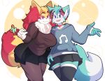  2022 4_fingers anthro big_breasts blue_body blue_eyes blue_fur bottomwear braixen breasts canid canine clothed clothing collar crescent_moon crossdressing cute_fangs duo eyebrows fan_character female fingers fox fur fur_markings girly hi_res hoodie inner_ear_fluff legwear lolzneo long_sleeve_shirt male mammal markings moon musical_note nintendo open_mouth pok&eacute;mon pok&eacute;mon_(species) portrait red_eyes red_nose ribbons roflfox seraphine_(roflfox) side_by_side skirt standing stick thigh_highs three-quarter_portrait topwear tuft video_games white_body white_fur yellow_body yellow_fur 