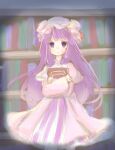  1girl :&lt; bangs blunt_bangs book bookshelf capelet cocoa_(cocoa1qld) crescent crescent_hat_ornament crossed_wrists expressionless eyebrows_visible_through_hair hat hat_ornament highres holding holding_book indoors library long_hair looking_at_viewer mob_cap patchouli_knowledge pink_capelet purple_eyes purple_hair sketch skirt solo straight-on striped touhou vertical_stripes very_long_hair white_headwear 