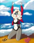  anthro beach bikini blonde_hair bugs_bunny clothing crossgender female hair hi_res kneeling lagomorph leporid lipstick looking_at_viewer looney_tunes makeup mammal mtf_crossgender pinup pose rabbit raised_arms seaside solo sweettooth115 swimwear warner_brothers 