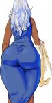  1girl ass back bag dark-skinned_female dark_elf dark_skin elf elf-san_wa_yaserarenai. english_commentary facing_away groceries grocery_bag gutsbro highres huge_ass kuroeda-san long_hair pointy_ears shopping_bag thick_thighs thighs walking white_hair 