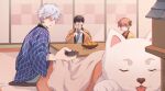  1girl 2boys black_hair controller cup dog feizhajichu food fruit gintama haori highres indoors japanese_clothes kagura_(gintama) kotatsu mandarin_orange multiple_boys orange_hair remote_control sadaharu sakata_gintoki shimura_shinpachi table teacup television white_hair 