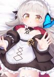  1girl :o apron azur_lane bangs bed_sheet black_dress black_jacket blurry blurry_foreground blush brown_eyes bug butterfly commentary_request depth_of_field dress eyebrows_visible_through_hair frilled_dress frills grey_hair headpiece highres jacket kokone_(coconeeeco) long_hair long_sleeves looking_at_viewer lying maid maid_headdress on_back open_clothes open_jacket parted_lips puffy_long_sleeves puffy_sleeves solo very_long_hair white_apron z46_(azur_lane) z46_(chronicles_of_the_dust_war)_(azur_lane) 