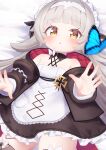  1girl :o apron azur_lane bangs bed_sheet black_dress black_jacket blurry blurry_foreground blush brown_eyes bug butterfly commentary_request depth_of_field dress eyebrows_visible_through_hair frilled_dress frills grey_hair headpiece highres jacket kokone_(coconeeeco) long_hair long_sleeves looking_at_viewer lying maid maid_headdress official_alternate_costume on_back open_clothes open_jacket parted_lips puffy_long_sleeves puffy_sleeves solo very_long_hair white_apron z46_(azur_lane) z46_(chronicles_of_the_dust_war)_(azur_lane) 