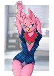  anthro avian birbit breasts clothed clothing female fianxi_kushin hybrid lagomorph leporid looking_away mammal multicolored_tuft nana-yuka neck_tuft open_clothing open_shirt open_topwear panties rabbit shirt small_breasts smile solo stretching topwear tuft underwear 