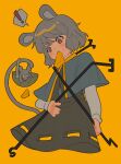  ! 1girl animal_ears artist_request basket biting capelet cheese dress eating food grey_dress grey_hair highres jewelry mouse_ears nazrin pendant rat rbfnrbf_(mandarin) red_eyes short_hair simple_background speech_bubble sweatdrop touhou yellow_background 