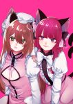  2girls :3 alternate_costume alternate_hair_length alternate_hairstyle animal_ear_fluff animal_ears artist_name black_bow bow bowtie breasts brown_hair cat_ears cat_tail chen cleavage friends green_eyes highres kaenbyou_rin leaning long_hair multiple_girls multiple_tails pink_background pink_clothes puffy_sleeves red_eyes red_hair shiny_lips simple_background smile source_request tail touhou two_tails uchisaki_himari white_bow white_bowtie 