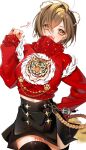 1girl animal_print brown_eyes brown_hair earrings hair_ornament hand_up highres jewelry karakoro long_sleeves meiko open_mouth short_hair solo sweater thighhighs tiger tiger_print vocaloid 