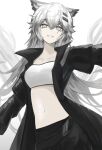  1girl absurdres animal_ears arknights bandeau bangs breasts commentary eyebrows_visible_through_hair grey_background grey_eyes grin hair_between_eyes highres lappland_(arknights) long_hair long_sleeves looking_at_viewer medium_breasts midriff navel silver_hair simple_background smile solo stomach strapless tube_top upper_body uryu_(uryu0329) very_long_hair wolf_ears 