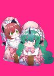  2girls :3 alternate_costume animal_ear_fluff animal_ears blush bow bowtie brown_hair cat_ears cat_tail chen chibi curly_hair dog_ears food_print frills green_eyes green_hair highres horns komano_aunn long_hair multiple_girls pink_background pink_bow pink_clothes sandals serious short_hair single_horn sitting source_request strawberry_print striped tail thick_eyebrows touhou uchisaki_himari very_long_hair white_bow 