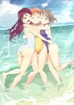  3girls absurdres ahoge blue_eyes blue_swimsuit casual_one-piece_swimsuit closed_eyes commentary_request commission competition_swimsuit facing_viewer grey_hair hair_ornament hairclip half_updo highres horizon hug long_hair love_live! love_live!_sunshine!! multiple_girls ocean ofuchobetto_shirai one-piece_swimsuit orange_hair red_hair sakurauchi_riko short_hair splashing swimsuit takami_chika watanabe_you water white_swimsuit yellow_eyes yellow_swimsuit 