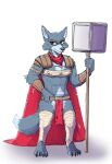  anthro armor belt bottomwear canid canine canis cape clothing female hammer hi_res kerchief legwear loincloth malletspace mammal solo thigh_highs tools wolf 