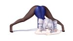  1girl absurdres arched_back arm_rest ass black_legwear blue_eyes blue_swimsuit bronya_zaychik curly_hair drill_hair expressionless flexible full_body hands_on_ground highres honkai_(series) honkai_impact_3rd jack-o&#039;_challenge legs long_hair looking_at_viewer meme no_shoes one-piece_swimsuit pantyhose pantyhose_under_swimsuit re_xiangbin ringlets silver_hair simple_background solo spread_legs stretch swimsuit thighs top-down_bottom-up twintails white_background wide_spread_legs 