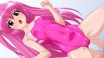  1girl absurdres barefoot breasts cameltoe commentary_request competition_swimsuit covered_navel dutch_angle hair_ribbon highres long_hair one-piece_swimsuit original pink_hair pink_swimsuit purple_eyes ribbon small_breasts solo squatting sugimura_tomokazu swimsuit two_side_up 