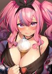  1girl :p armpit_crease azur_lane bangs bare_shoulders between_breasts black_background black_choker black_hairband black_sweater blush bra_strap breasts bremerton_(azur_lane) bremerton_(day-off_date)_(azur_lane) bubble_tea choker cleavage closed_mouth clothes_pull collarbone cup disposable_cup dress drinking_straw english_commentary eyebrows_visible_through_hair eyewear_hang eyewear_removed grey_hair hair_between_eyes hair_intakes hair_ornament hairband highres jacket large_breasts long_hair looking_at_viewer mixed-language_commentary multicolored_hair no_mole object_on_breast off-shoulder_dress off-shoulder_sweater off_shoulder official_alternate_costume pink_eyes pink_hair pink_nails red-tinted_eyewear sidelocks simple_background smile solo standing star_(symbol) star_print strap_between_breasts streaked_hair sweater sweater_dress sweater_pull takurowo tinted_eyewear tongue tongue_out twintails two-tone_hair upper_body white_jacket 