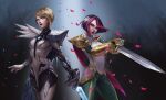  2girls absurdres arm_behind_back armor bangs black_background black_bodysuit black_gloves black_hair black_legwear black_lips blonde_hair bodysuit breasts cape closed_mouth clothing_request confetti cowboy_shot dual_persona fiora_(league_of_legends) gloves gradient gradient_background green_background green_eyes green_pants half-closed_eyes hand_up highres holding holding_sword holding_weapon ig_fiora lan_xiezi league_of_legends looking_at_viewer multicolored_hair multiple_girls official_alternate_costume pants parted_lips petals pink_cape pink_hair rapier shiny shiny_clothes shiny_hair shirt short_hair shoulder_armor sword weapon white_shirt 