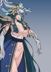 1girl armor black_hair blue_background breasts closed_mouth commentary_request elbow_gloves eye_mask gloves gradient gradient_background grey_gloves hair_ornament highres large_breasts league_of_legends lissandra_(league_of_legends) long_hair moumring_(moumring0324) navel nipples official_alternate_costume porcelain_lissandra pussy shoulder_armor very_long_hair 