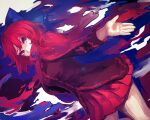  1girl arm_behind_back black_shirt blue_bow bow breasts cloak commentary covered_mouth cowboy_shot hair_bow highres hoshiringo0902 long_sleeves looking_at_viewer medium_breasts open_hand outstretched_arm red_cloak red_eyes red_hair red_skirt sekibanki sekibanki_day shirt short_hair skirt solo standing touhou tsurime 