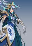  1girl armor black_hair blue_background blue_dress breasts closed_mouth dress elbow_gloves eye_mask gloves gradient gradient_background grey_dress grey_gloves highres league_of_legends lissandra_(league_of_legends) long_hair moumring_(moumring0324) official_alternate_costume porcelain_lissandra shoulder_armor very_long_hair 