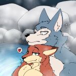  &lt;3 anthro beastars blue_body blue_fur bodily_fluids canid canine canis croiyan disney duo ears_down flying_sweatdrops fox fur green_eyes head_on_head hot_spring legoshi_(beastars) looking_at_another male male/male mammal muscular muscular_anthro muscular_male nick_wilde nude orange_body orange_fur pivoted_ears sweat sweatdrop water wolf zootopia 