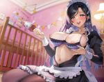  1girl bangs black_dress black_hair blue_eyes blush bra breasts dress juliet_sleeves large_breasts long_hair long_sleeves looking_at_viewer maid navel nipples open_clothes open_dress open_mouth original parted_lips puffy_sleeves purple_bra rattle sage_joh smile solo underwear 