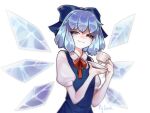  1girl bangs blue_bow blue_dress blue_eyes blue_hair bow bowtie cirno closed_mouth collared_shirt cup dress eyebrows_visible_through_hair eyelashes hair_bow hands_up ice ice_wings kitsu_(user_aedc3374) looking_to_the_side plate puffy_short_sleeves puffy_sleeves red_bow red_bowtie shirt short_hair short_sleeves simple_background smile smug solo touhou twitter_username white_background wings 
