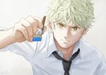  1boy black_necktie blonde_hair blue_period closed_mouth facing_viewer holding holding_paintbrush male_focus necktie paintbrush papi_(papiron100) shirt short_sleeves simple_background solo spiked_hair upper_body white_background white_shirt yaguchi_yatora yellow_eyes 