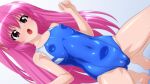  1girl absurdres barefoot blue_swimsuit breasts cameltoe commentary_request competition_swimsuit covered_navel dutch_angle hair_ribbon highres long_hair one-piece_swimsuit original pink_hair purple_eyes ribbon small_breasts solo squatting sugimura_tomokazu swimsuit two_side_up 