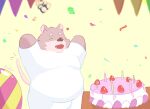  2022 acdim anthro belly biped birthday_cake cake clothing dessert eyes_closed food hi_res jambavan kemono leib_(tas) lifewonders mammal overweight plushie shirt tokyo_afterschool_summoners topwear ursid video_games 