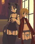  2girls ahoge artoria_pendragon_(fate) black_legwear blonde_hair blue_eyes bow bow_panties bra breasts brown_hair camisole chestnut_mouth closed_mouth commentary fate/stay_night fate_(series) garter_belt highres kimarin lingerie long_hair long_sleeves looking_at_viewer multiple_girls non-web_source open_mouth panties saber sleeves_past_wrists small_breasts standing strap_slip thigh_gap thighhighs tohsaka_rin two_side_up underwear white_bra white_panties window 
