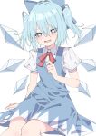  1girl alternate_hairstyle blue_bow blue_dress blue_eyes blue_hair blush bow cirno collared_shirt detached_wings dress eyebrows_visible_through_hair fairy feet_out_of_frame hair_between_eyes hair_bow highres ice ice_wings open_mouth puffy_short_sleeves puffy_sleeves shirt short_hair short_sleeves simple_background solo touhou tsukimirin two_side_up white_background white_shirt wings 