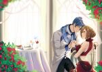  absurdres blue_eyes brown_hair bug butterfly coat cocktail_glass couple cup drinking_glass flower forehead-to-forehead heads_together highres holding_hands indoors kaito_(vocaloid) kaito_(vocaloid3) meiko meiko_(vocaloid3) rose scarf short_hair sleeveless smile table tablecloth vocaloid window wine_glass wrist_cuffs yen-mi 